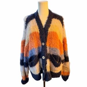 Rip Curl Fuzzy Striped Cardigan M Oversized Beach Bonfire Cozy Surf Sweater